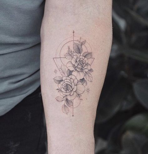 Rose And Eucalyptus Tattoo, Fineline Forearm Tattoo Women, Geometric Flower Tattoo, Bestie Tattoos, Maching Tattoos, Favorite Tattoos, Bestie Tattoo, M Tattoos, Ankle Tattoos For Women