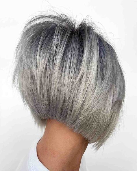 18 Stacked Inverted Bob Haircuts for Stylish, Edgy Girls Gray Inverted Bob Hairstyles, Grey Inverted Bob, Inverted Bob With Layers Choppy, Inverted Bob Hairstyles Short Stacked, Inverted Bob Back View, Inverted Stacked Bob Haircut, Textured Inverted Bob, Stacked Angled Bob Hairstyles, Short Angled Bob Haircut For Fine Hair