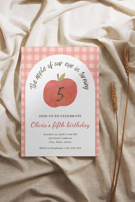 Celebrate your little one's milestone with this charming "The Apple of Our Eye is Turning 5" Birthday Invitation! Featuring a delightful apple design on a cozy gingham background, this invitation is perfect for a fall-themed fifth birthday party. The playful mix of fonts and rustic elements add a sweet and unique touch, setting the tone for a fun and festive celebration. 🔸 What's Included: - Editable digital birthday invitation template - High-resolution design with an apple orchard theme - Customizable text fields to personalize your event details 🔸 How It Works: 1. Purchase and download the template file. 2.  Edit the text using Canva (free). 3. Print at home, with an online service, or at a local print shop--or share it digitally! 🍎 Perfect For: 1. Apple orchard-themed fifth birthday Apple Orchard Birthday Party Theme, Gingham Backdrop, 3rd Birthday Party Themes, Third Birthday Invitations, Apple Illustration, Fall Party Themes, Fifth Birthday, Autumn Inspired, Party Invitations Kids