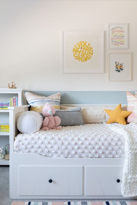 Interior Design - Love & Interiors Kids Daybed Room Ideas Boys, Boys Room Daybed, Kids Daybed Room Ideas, Playroom With Daybed, Hemnes Daybed Kids Room, Guest Bedroom And Playroom Combo, Nursery With Daybed And Crib, Playroom Daybed, Daybed In Nursery