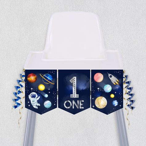 Galaxy First Birthday, High Chair Decorations, Sunflower Baby Shower Invitations, Space Birthday Invitation, 1st Birthday Boy, First Trip Around The Sun, Outer Space Birthday, Space Birthday Party, Bridal Shower Welcome Sign