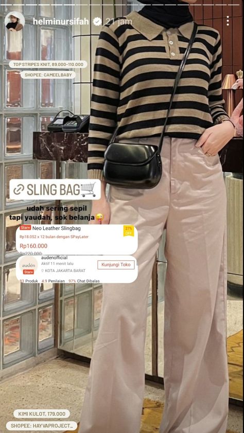 #audenofficial #slingbag #neoleatherslingbag #slingbagmini #ootdhelminursifah #tashelminursifah #bag #tas Ootd Casual Hijab, Slingbag Wanita, Korean Hijab, Ootd Ngampus, Outfit Ngampus, Ootd Hijab Style, Ootd Korean Style, Ootd Korean, Outfit Hijab Casual