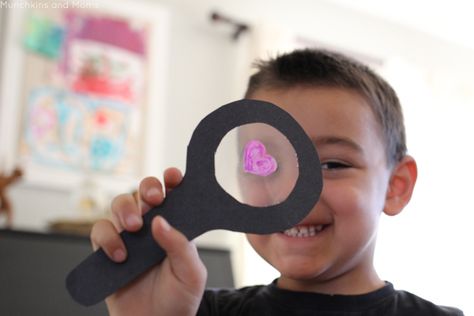 I Spy Shape Hunt - Munchkins and Moms Magnifying Glass Paper Craft, How To Make A Magnifying Glass Diy, Magnifying Glass Preschool Activities, Magnifying Glass Activities, Spy Glasses, Magnifying Glass Necklace, Shape Games, School Glue, Shape Matching