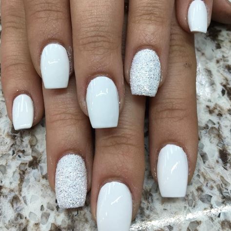 Keep your white manicures extra fresh this summer. #nailart #nailideas White Sparkly Nails, White Sparkle Nails, White Gel Nails, White And Silver Nails, Nails Gold, White Glitter Nails, Homecoming Nails Acrylic, White Acrylic Nails, Burgundy Nails