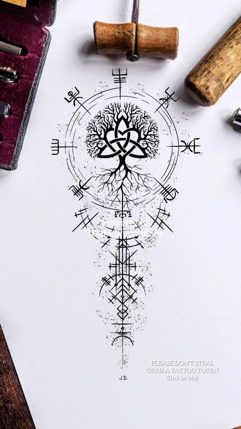 Yggdrasil Tattoo, Viking Compass Tattoo, Norse Mythology Tattoo, Rare Tattoos, Viking Tattoo Symbol, Prunus Mume, Rune Tattoo, Full Sleeve Tattoo Design, Norse Tattoo