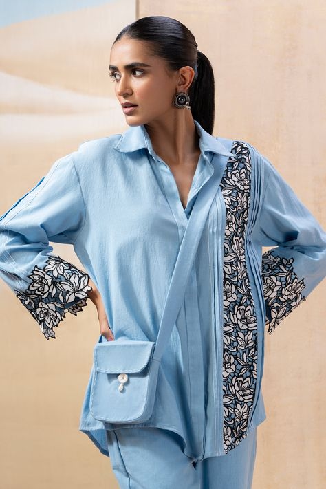 Buy Blue Handloom Cotton Embroidered Cutwork Shirt And Pant Co-ord Set For Women by Seeaash Online at Aza Fashions. Dress Illustration Art, Floral Cutwork, Cotton Dress Pattern, Co Ords Outfits, Modest Dresses Fashion, Dress Illustration, Latest Dress Design, Summer 2025, Coord Set