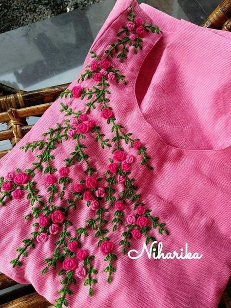 ribbon embroidery ideas for dresses https://youtu.be/q1JRQxuj6aA?si=YB3joqakDHmG-Fan Kurtis Patterns, Bullion Rose, Flowers Embroidery Pattern, Maggam Designs, Sewing Hand, Design Kurti, Design For Shirt, Neckline Embroidery, Cutwork Blouse