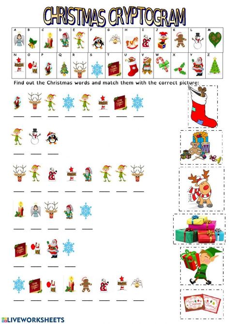 Christmas Cryptogram, Elf On Shelf Printables, Kids Word Search, Christmas Worksheets, Christmas Kindergarten, Christmas Words, School Subjects, Kindergarten Worksheets, Christmas Activities