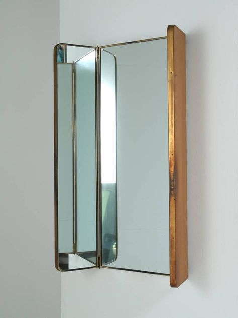 Large Folding Mirror in Brass Framing, 1950s | From a unique collection of antique and modern wall mirrors at https://www.1stdibs.com/furniture/mirrors/wall-mirrors/ 3 Way Mirrors, Foldable Mirror, Trifold Mirror, Folding Walls, Vintage Mirror Wall, White Dining Chairs, Hamptons House, Painted Chairs, Mirror Wall Bathroom