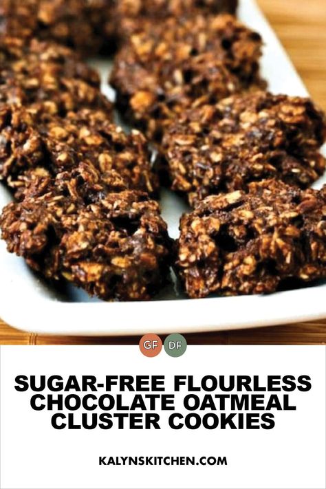 Sugar-Free Flourless Chocolate Oatmeal Cluster Cookies are easy and delicious, and these are perfect to make with Golden Monkfruit Sweetener! Even with some oatmeal these are fairly low in net carbs, and if you use gluten-free oats the cookies are gluten-free. [found on KalynsKitchen.com] #SugarFreeChocolateCookies #GlutenFreeChocolateCookies Desserts With Monkfruit Sweetener, Monkfruit Desserts, Monkfruit Sweetener Recipes, Cluster Cookies, Flourless Oatmeal Cookies, Oat Biscuit Recipe, Low Calorie Cookies, Oatmeal Bars Healthy, Monkfruit Sweetener