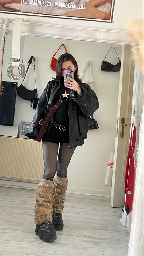 Ripped Tights And Leg Warmers, Outfits With Fur Leg Warmers, Brown Fur Leg Warmers, Fluffy Legwarmers Outfit, Fur Legwarmers Outfit, Docs And Leg Warmers, Fuzzy Leg Warmers Outfit, Fluffy Leg Warmers Outfit, Leg Warmers Outfit With Pants