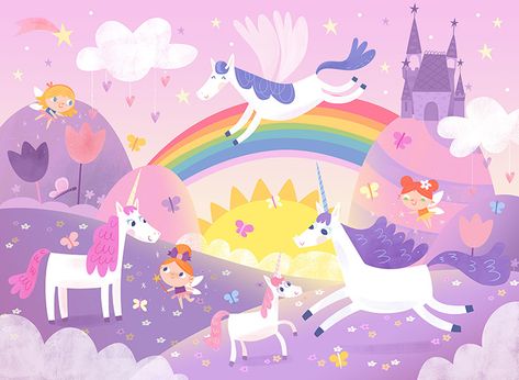 Kids blankets illustrations on Behance Illustration Whimsical, Unicorn Land, Castle Illustration, Drawing Competition, 동화 삽화, Room Wall Painting, Unicorn Illustration, Picture Books Illustration, Kids Blankets