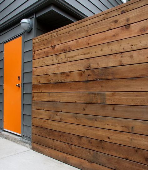 horizontal wooden fences | Horizontal style fence made from cedar wood panels. ... | Garden Fen ... Painting Fence, Orange Front Doors, Orange Door, Modern Fence Design, Door Colors, Modern Front Door, Brown House, Cedar Fence, Grey Houses