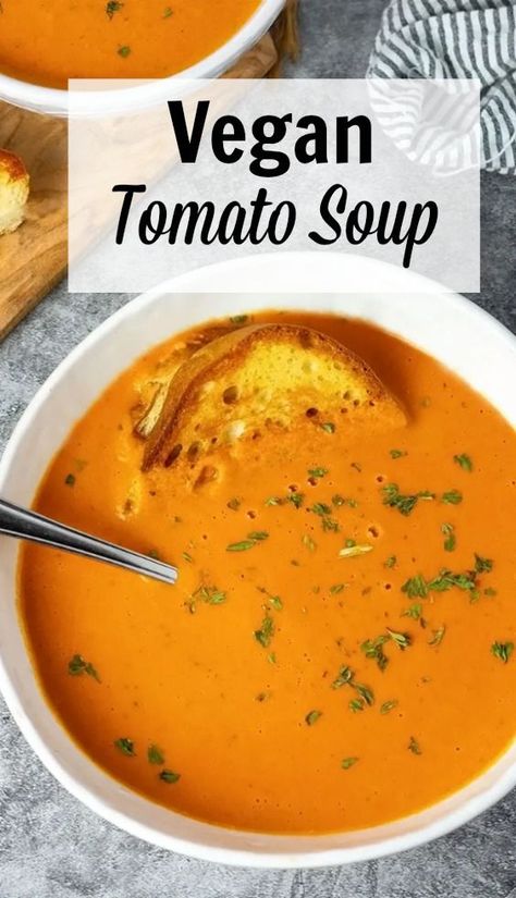 This vegan tomato soup recipe is so easy to prepare, and is rich and creamy. The perfect comfort soup that tastes amazingly fresh, with incredibly flavorful classic tomato soup flavor! Vegan Tomato Soup Recipe, Vegan Tomato Soup, Plant Based Soups, Tomato Soup Recipe, Best Soup Recipes, Vegan Soup Recipes, Comfort Soup, High Protein Vegan, Tomato Soup Recipes