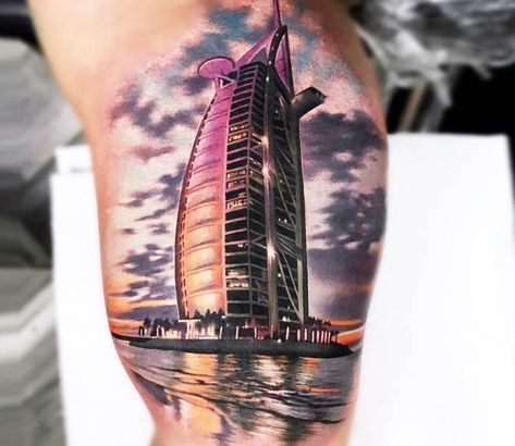 Burj al Arab tattoo by Bolo Art Tattoo Dubai Tattoo, Biomechanical Tattoo, Hand Tattoos For Women, Burj Al Arab, World Tattoo, Architecture Tattoo, Pencil Painting, Tattoos Gallery, Eye Tattoo