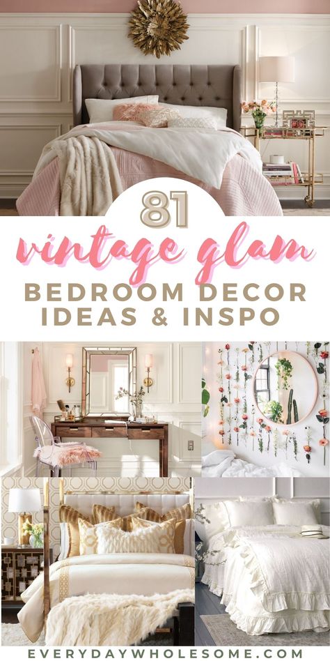 81 Vintage Glam Master & Guest Bedroom Decorations Ideas & Inspirations to inspire your next bedroom aesthetic design renovation and remodel home decor. Check out these color schemes to inspire your next redesign. Romantic, vintage, glamorous ideas for your bedside tables, duvet covers, comforters, bedding, mirrors, dressers, vanities, vanity, lamps, lighting, murals, wall paper, wall stickers, all decor, bedroom area rugs. #vintagedecor #vintageglam #glamdecor #bedroomdecor #masterbedroom Bedrooms Aesthetic Luxury, Clean Glam Aesthetic, Vintage Romance Bedroom, Old Hollywood Glam Bedroom Ideas, Vintage Glam Bedroom Decor, Hollywood Glam Bedroom Ideas, Chic Bedroom Ideas Glam, Old Hollywood Bedroom Ideas, Vintage Glam Bedroom Ideas