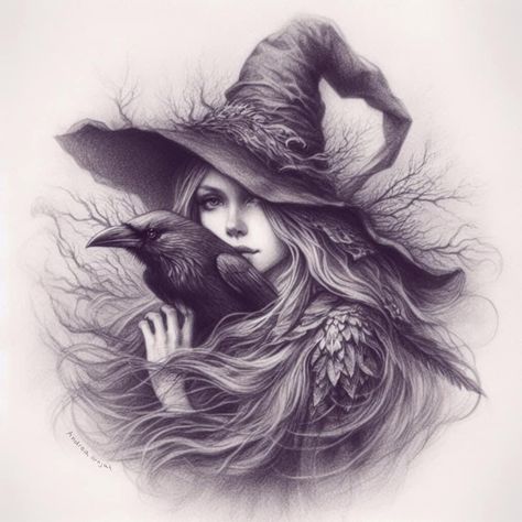 #witch#ravem#art#drawing Mother Son Tattoos, Feather Stickers, Raven Tattoo, Tattoo For Son, Adult Colouring Pages, Dark Art Tattoo, Graphite Drawings, Featured Art, Inspirational Tattoos