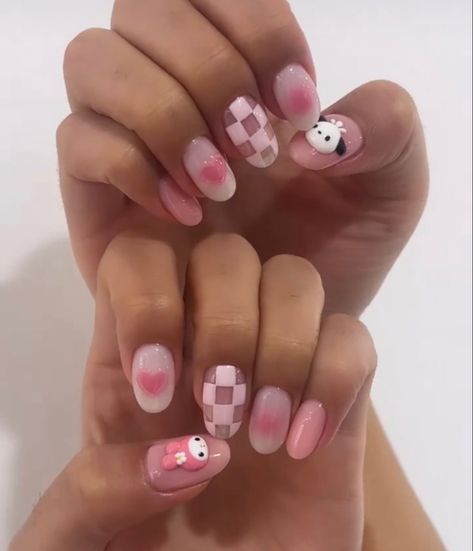 Nail Designs Sanrio, Sanrio Nail Designs, Sanrio Nails Short, My Melody Nail Art, Sanrio Nail Art, My Melody Nails, Uñas Coquette, Comic Book Nails, Pig Nails