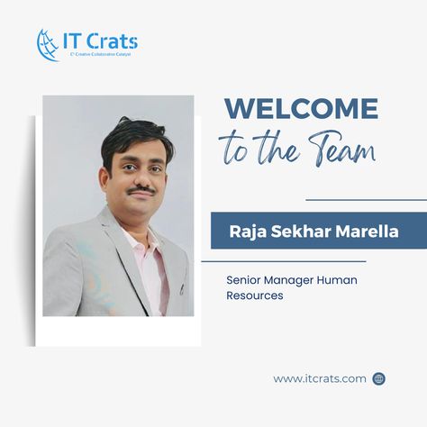 We would like to welcome Raja Sekhar Marella to the team as our new Senior Manager of Human Resources! Raja Sekhar Marella is a highly accomplished MBA graduate with extensive experience in HR Operations. Welcome to #ITCrats Family! #welcome #welcometotheteam #welcomeonboard #teambuilding #teamculture #teambonding #teamdevelopment #team #employee #employeeexperience #welcometothefamily #welcomepost #welcome Welcome To The Team Design, Welcome On Board Employee, Employee Welcome Post, Welcome Social Media Post, New Employee Welcome Ideas, Welcome Poster Ideas, Welcome New Employee, Welcome To Our Team, Hiring Poster