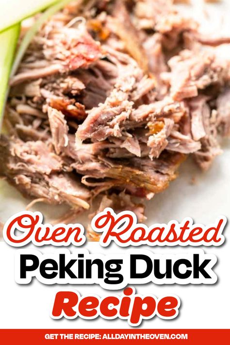 Shredded Peking duck on a pancake Pekin Duck Recipe, Duck Sauce Recipe Chinese, Duck Marinade Recipes, Duck Recipes Breast, Duck Breast Recipes Easy, Roast Duck Recipes, Baked Duck Recipes, Duck Sauce Recipe, Duck Marinade