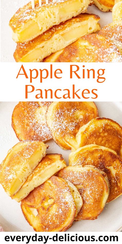 Apple Ring Pancakes - Everyday Delicious Easy Pancake Batter, Dinner Soup Recipes, Apple Pancake Recipe, Fun Pancakes, Yummy Pancake Recipe, Fruit Pancakes, Apple Rings, Apple Recipes Easy, Apple Pancakes