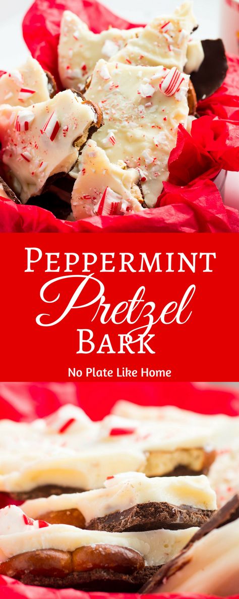 Peppermint Pretzel Bark is an easy peppermint bark recipe made with mini pretzels, chocolate chips, white chocolate chips, coconut oil, peppermint extract and crushed candy canes. It's the perfect festive, no-bake, holiday treat! Skip a whole afternoon of baking cookies and make this easy Peppermint Pretzel Bark. Pin for later. Peppermint Pretzel Bark, Homemade Chocolate Bark, Peppermint Pretzel, Homemade Peppermint Bark, Peppermint Bark Recipes, Christmas Bark, Peppermint Candies, Candy Cocktails, Christmas Candy Recipes