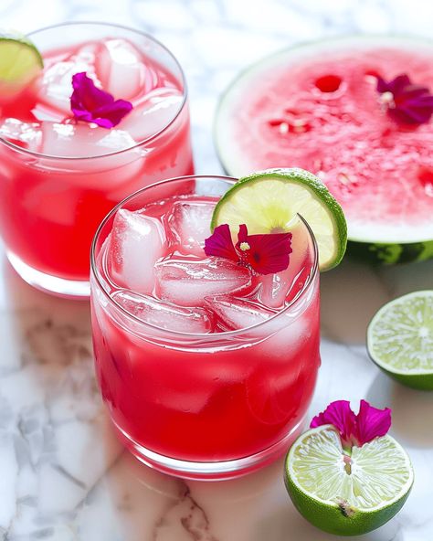 Hibiscus Watermelon Agua Fresca Watermelon Agua Fresca, Hibiscus Syrup, Dried Hibiscus Flowers, Agua Fresca, Watermelon Juice, Summer Refreshments, Fresh Lime, Breakfast Lunch Dinner, Fresh Lime Juice