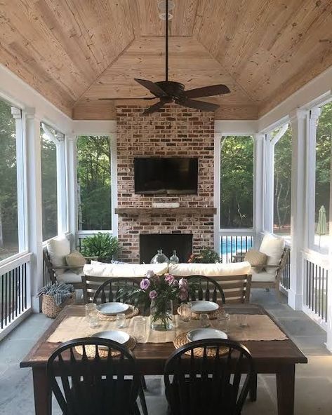 Our favorite screened in porch designs are places you'll want to sit all year long. These screen porch ideas are outside, but just a little protected from the ... Cozy Sunroom, Screened Porch Decorating, Patio Furniture Layout, Screened Porch Designs, Porch Fireplace, Porch Remodel, Sunroom Decorating, Sunroom Designs, Side Porch