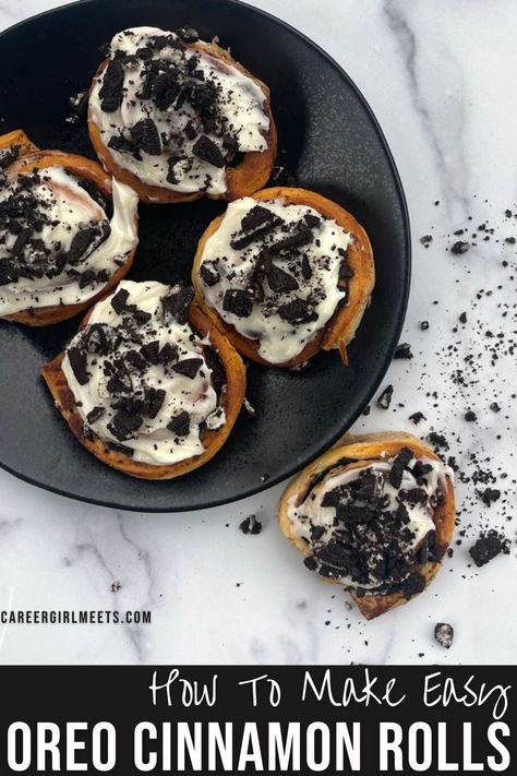 These easy Oreo Cinnamon Rolls are super gooey and soft, and delicious! This Pillsbury-inspired breakfast recipe only requires three ingredients: a can of Pillsbury Grands cinnamon rolls, cream cheese, and Oreo cookies. These are the best cookies and cream buns you'll ever taste. These homemade stuffed rolls can be made in under 20 minutes. Enjoy!!

// oreo cinnamon rolls // Easy breakfast treats // kid-friendly // Oreo Cinnamon Rolls Pillsbury, Oreo Cinnamon Rolls Easy, Oreo Cinnamon Rolls, Grands Cinnamon Rolls, Cinnamon Rolls Cream, Stuffed Rolls, Cream Buns, Easy Breakfast Treats, Cinnamon Rolls With Cream Cheese