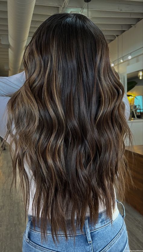 Dark Hair W Caramel Highlights, Melted Brunette Hair, Dark Partial Highlights, Dark Hair With Low Maintenance Highlights, Low Maintence Baylage, Low Maintenance Black Hair Color, Low Maintenance Hair Color Winter, Dark Brown Hair With Teasy Lights, Low Maintenance Balayage Brunettes Dark Brown