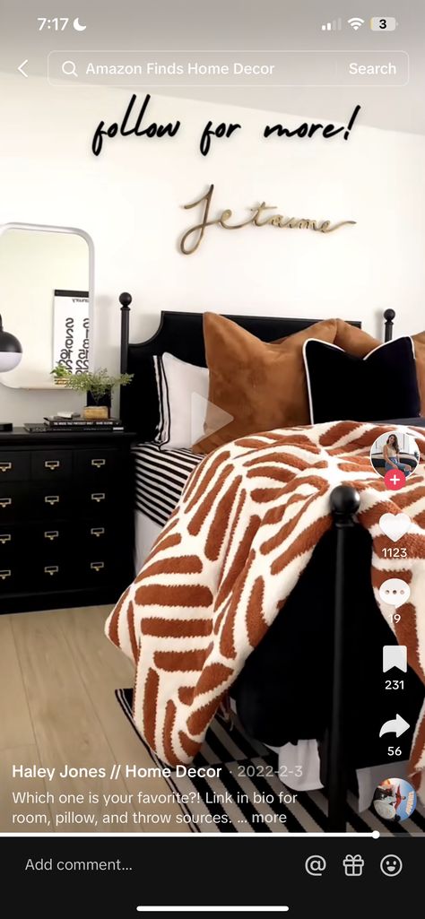 Black And Tan Room, Burnt Orange And Black Bedroom, Orange And Black Bedroom, Bold Bedroom, Airbnb Ideas, Homemade Gift Ideas, Christmas Home Decor Ideas, Bedroom Redesign, Bed Comforter