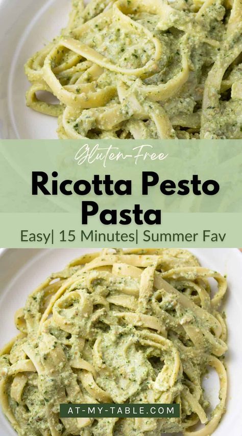 Ready in just 15 minutes, this easy gluten-free ricotta pesto pasta is the perfect dish for a quick, delicious summer meal. The ultimate easy weeknight dinner recipe the entire family can enjoy. Full recipe on AtMyTable. Gf Italian Recipes, Ricotta And Pesto Recipes, Pesto And Ricotta Pasta, Pesto Ricotta Pasta, Gluten Free Summer Meals, Pesto Dinner Ideas, Pesto Recipes Dinner Healthy, Pasta Ricotta Recipes, Pesto Dinner Recipes