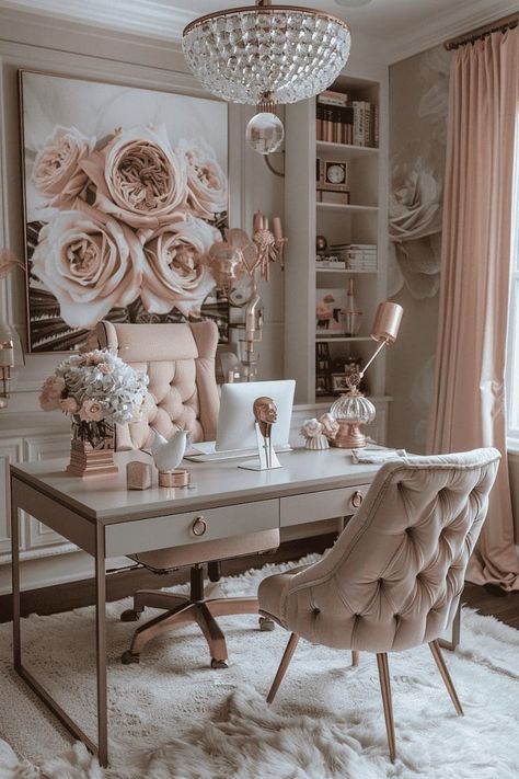 34 Feminine Home Office Ideas to Suit Every Style 88 34 Feminine Home Office Ideas to Suit Every Style Office Ideas For Work Business Decor, Pink White Office, Feminine Home Office Classy, Girly Home Office, Glam Office Decor, Feminine Home Office, Feminine Home Office Ideas, Feminine Office Decor, Feminine Home