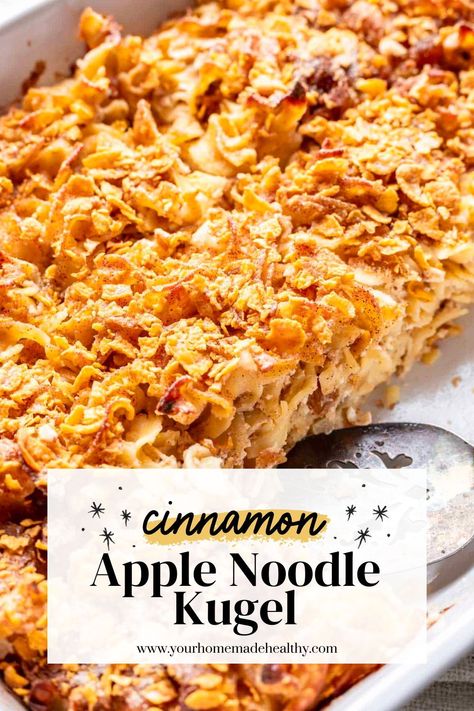 This Cinnamon Apple Noodle Kugel is better than kugel from any Kosher deli. It's sweet, creamy, and sprinkled with the best crunchy corn flake topping. Enjoy this traditional Jewish dish year round for holidays, brunch, or family gatherings. Apple Kugel Rosh Hashana, Apple Kugel Recipes Passover, Apple Noodle Kugel, Noodle Kugel Recipes Sweet, Cinnamon Kugel 12 Tomatoes, Kosher Thanksgiving Recipes, Kosher Meals Jewish Food, Noodle Kugel Jewish, Jewish Recipes Traditional