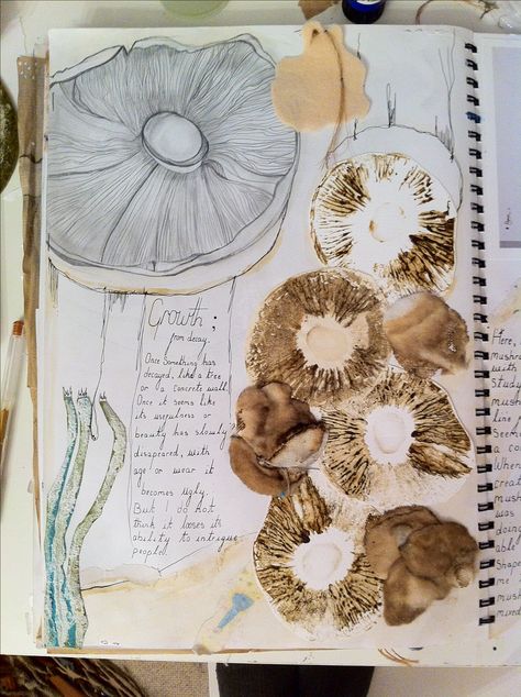 Textiles Student Sketchbook exploring Growth from Decay - observational drawings & mixed media mushroom studies // Connie Evans Textiles Gcse, Igcse Art, Sketchbook Layout, Textiles Sketchbook, Natural Form Art, Growth And Decay, Gcse Art Sketchbook, Observational Drawing, Drawing Eyes