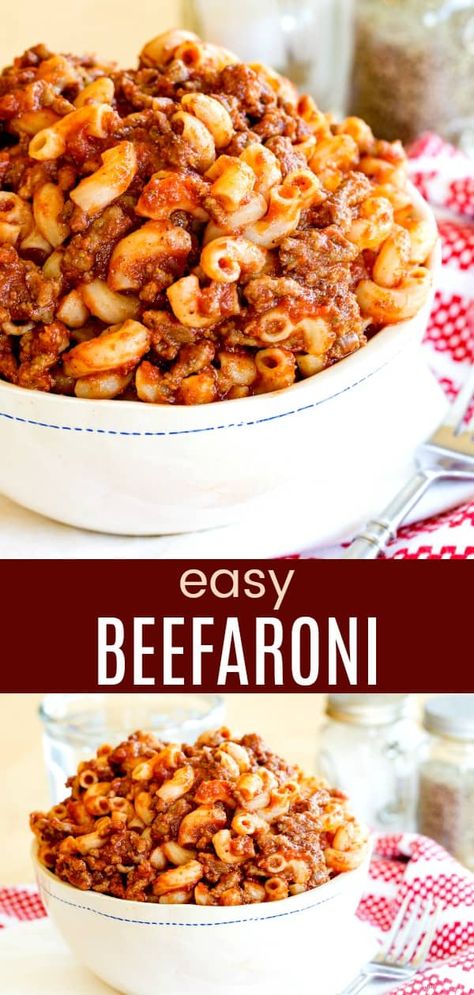 Easy Beefaroni - a quick and easy dinner that recreated a childhood classic! Only five ingredients and about twenty minutes to make this kid-favorite recipe! You can even use gluten free noodles! #comfortfood #groundbeef #easydinners Easy Beefaroni Recipe, Homemade Beefaroni Recipe, Homemade Beefaroni, Beefaroni Recipe, Free Noodles, Easy Kid Friendly Dinners, Kid Friendly Meals Dinner, Gluten Free Noodles, Pork Dinner