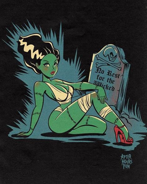 Halloween Pin Up, Retro Horror, Bride Of Frankenstein, Vintage Horror, Pin Up Art, The Villain, A Cartoon, Retro Art, Horror Art