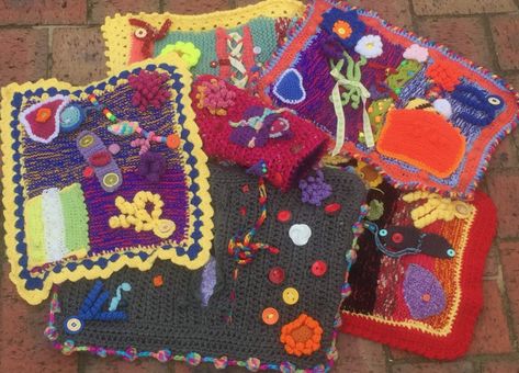 Twiddle Blanket Knitted, Crochet Fiddle Mats Alzheimers, Twiddle Blanket Ideas, Fidget Blankets Crochet Pattern, Crochet Sensory Blanket, Crochet Fidget Blanket, Twiddle Muff Ideas, Twiddle Blanket, Twiddle Blankets