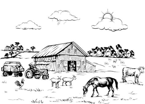 Vecteur animaux de la ferme paissant dan... | Premium Vector #Freepik #vector #ferme #rural #grange #paysage-ferme Premium Vector