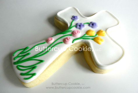 Easter Cross | Cookie Connection Cross Cookie, Cross Cookies, Cake Easter, Christening Dresses, Royal Iced Cookies, Easter Sugar Cookies, Cookie Connection, Iced Sugar Cookies, Spring Cookies