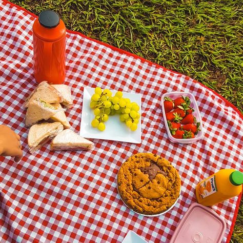 Piquenique com morangos, cookie gigante, uvas e lanches Pins