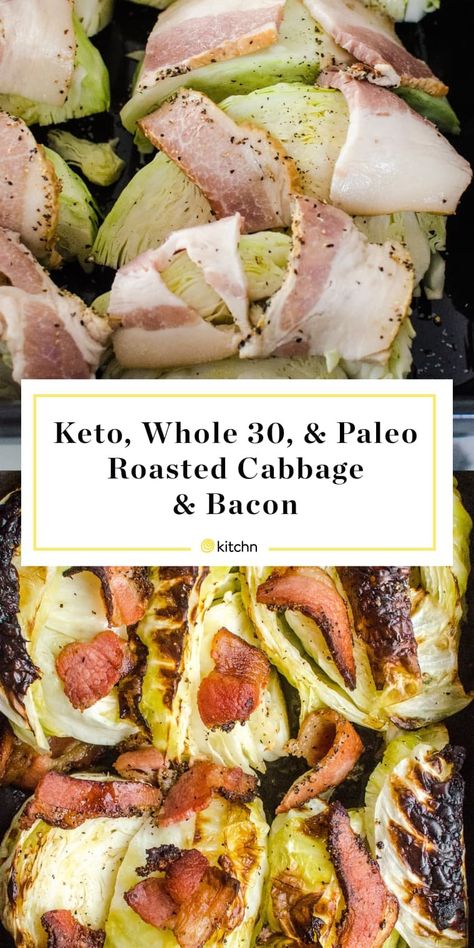 This roasted cabbage with bacon is one of our favorite ways to cook cabbage. It is easy and tastes similar to roasted brussels sprouts, but with none of the stink. The bacon helps it along, of course. The whole dish takes only 30 minutes to make. They are keto and Whole30 friendly and compliant. Cabbage Steaks With Bacon, Oven Baked Cabbage, Cabbage With Bacon, Roasted Cabbage Wedges, Roasted Cabbage Steaks, Paleo Roast, Baked Cabbage, Cabbage Steaks, Recipe Photo