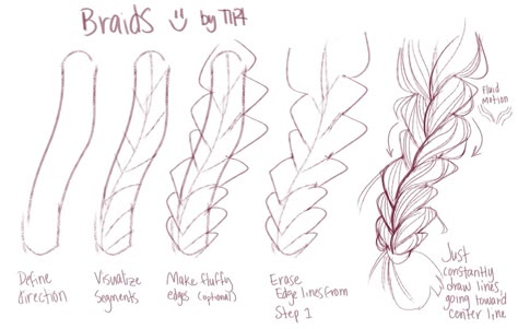 Long Braided Hair Drawing Reference, Braid Tutorial Drawing, Braided Hair Reference, Braid Reference Drawing, How To Draw A Braid, Braid Drawing Reference, Braided Hair Drawing, Hairstyles Art Reference, Braids Drawing Reference