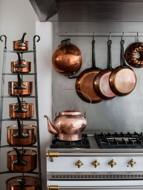 The Cook's Atelier Tin Interior, Copper Tea Kettle, Copper Decor, Elegant Country, Copper Cookware, French Country Kitchen, French Cooking, Copper Pots, Brass Handle