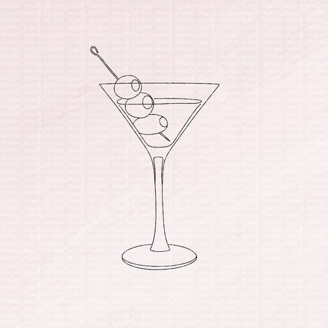 Martini Glass Sketch, Cocktail Olive Tattoo, Martini Drawing Simple, Bar Drawing Illustration, Cocktail Glass Drawing, Martini Doodle, Olives Drawing, Martini Glass Drawing, Martini Drawing