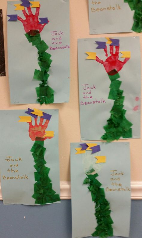 Preschool nursery rhyme craft. Jack and the Beanstalk. From the Firefly class. Fairytale Art Preschool Craft Ideas, Preschool Fairy Activities, Folk Tales Activities Preschool, Fairy Tales Preschool Art, Imagination Unit Preschool, Fairy Tales And Nursery Rhymes Preschool, In My Imagination Prek Theme, Fairy Tales And Nursery Rhymes Crafts, Fairytale Art For Preschool