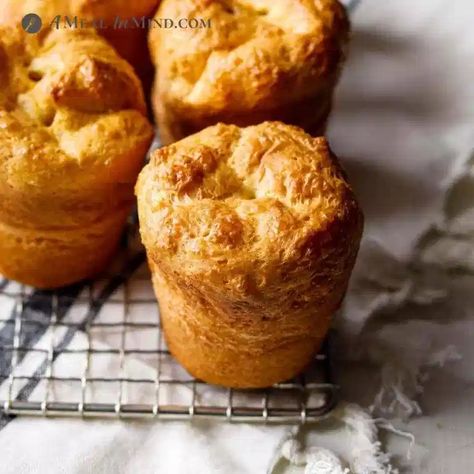 For the easiest, most foolproof and tasty, bready grain-free side, this tapioca flour popover recipe is a must-try. All eaters will enjoy these golden-brown Yorkshire-pudding-like popovers. This is a gluten-free, dairy-optional and vegetarian recipe, and so quick to mix up in a food processor. | A Meal In Mind @amealinmind Tapioca Flour Recipes, Dairy Free Bread, Popover Recipe, Green Tea And Honey, Gluten Free Sides, Gluten Free Flour Blend, Gf Bread, Tapioca Flour, Yorkshire Pudding