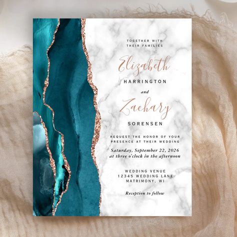 Budget Teal Blue Rose Gold Agate Marble Wedding | Zazzle Wedding Zazzle, White Marble Background, Elegant Modern Wedding, Afternoon Wedding, Marble Wedding, Turquoise Wedding, Marble Background, Rose Gold Glitter, Modern Wedding Invitations