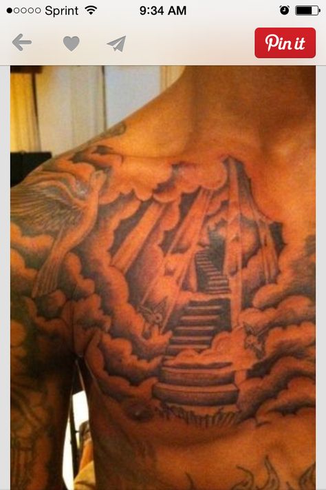 Stairway to heaven. Stairway To Heaven Tattoo, Chest Tattoos For Men, Heaven Tattoo, Cloud Tattoo Design, Heaven Tattoos, Men Tattoos Arm Sleeve, Cool Chest Tattoos, Cloud Tattoo, Pieces Tattoo