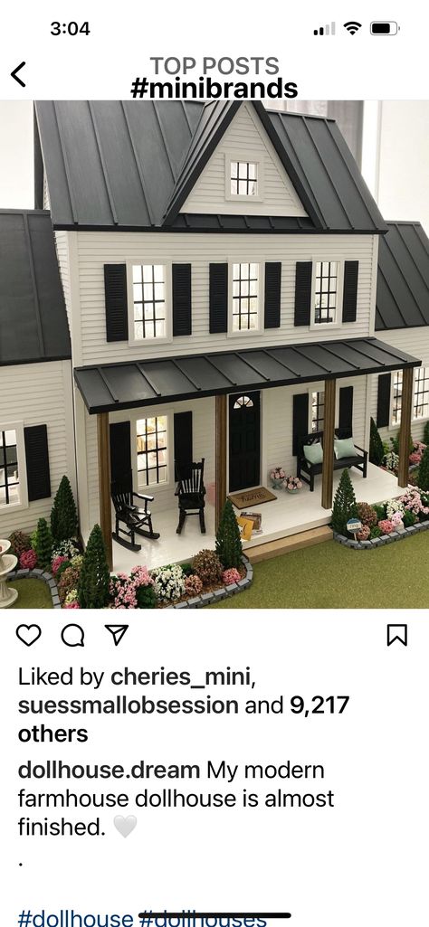 Black And White Dolls House, Black Dollhouse Exterior, Black And White Dollhouse, Dollhouse Exterior Ideas, White House Black Trim, Outdoor Dollhouse, White Doll House, Dollhouse Inspiration, Black Stairs